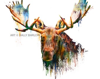 Colorful Moose Painting Mixed Media Painting Print, Canvas, or Metal Wall Art