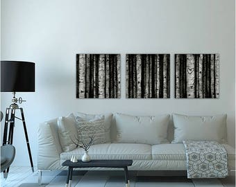 Set of 3 ~ Custom Etched Initials in Heart, Aspen Tree Illustration Mixed Media Square Canvas Set