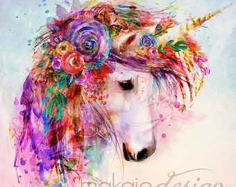 Bright Colorful Unicorn Flower Watercolor Painting Wall Decor I Art Print, Ready to Hang Canvas, or Metal I Available in Large