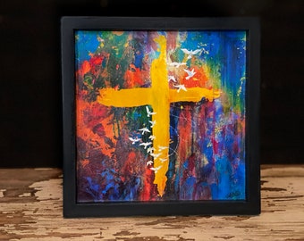 8x8 Colorful Cross "Where Hope Begins" art with wood frame and easel back