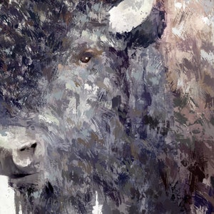 May include: Close-up of a bison's face, painted in a textured style with shades of gray, brown, and white. The bison's eye is visible, along with its nose and part of its horn.