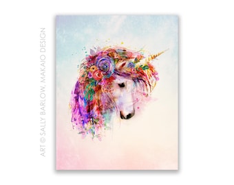 Art Print ~ Garden of the Wild Unicorn with watercolor background