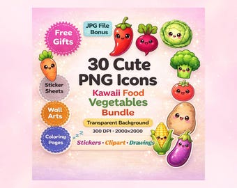 Printable Cute Drawings Kawaii Foods Clipart Bundle | Vegetables PNG |Food Icons | Planner Stickers | Kids Printable | Instant Download
