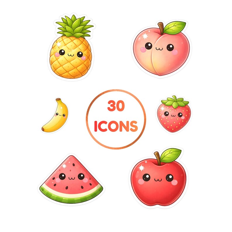 May include: A collection of colorful fruit stickers with cute, smiling faces. The stickers include a pineapple, peach, banana, strawberry, watermelon, and apple. A circular sticker in the center reads "30 ICONS".