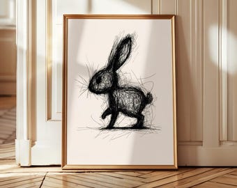 Rabbit Line Art Print, Expressive Scribble Bunny Sketch, Minimalist Easter Nursery Wall Decor, Animal Gifte Fully Digital Download