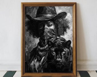 Afro Cowgirl Portrait Digital Art Print Black Woman Cowboy With Black Panther Animal Modern Western Art Rustic Home Decor Cowboy Aesthetic