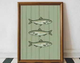 Sage Green Wall Artful Sardines Print, Retro Sardine Art, Trendy Fish Illustration, Quirky Kitchen Decor, Mediterranean Seafood Wall Art