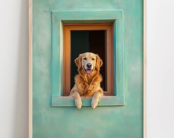 Bold Dog Trendy Wall Art Print, Golden Retriever Poster, Teal Minimalist Pet Decor, Funny Dog Lover Gift, Dopamine Decor, Aesthetic Room