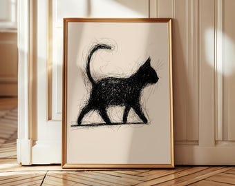 Scribble Cat Line Art Print, Playful Scribble Kitten Sketch, Minimalist Modern Wall Decor, Trending Cat Lover Gift, Expressive Digital Print