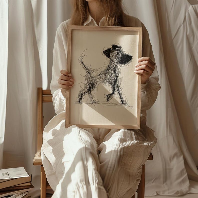 May include: A framed artwork featuring a sketch of a dog. The dog is depicted in black lines against a cream-colored background. The frame is made of light-colored wood. The artwork is held by a person wearing a white shirt and pants.