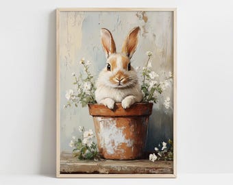 Spring Easter Wall Art Print, Vintage Cute Bunny In Terracotta Pot, Cozy Cottagecore Bedroom Decor, Floral Oil Painting Digital Download