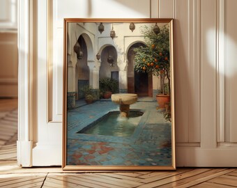 Marrakech Riad Courtyard Print, Ancient Orange Tree Wall Art, Vintage Oil Painting, Moroccan Mediterranean Decor (Digital Download)