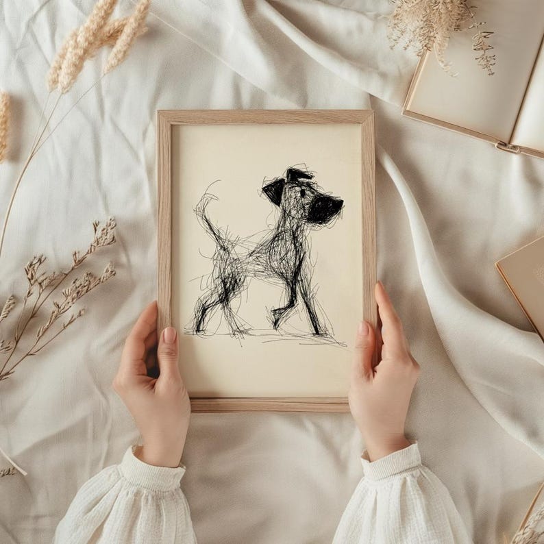 May include: A framed sketch of a dog in a light wood frame. The dog is drawn in black lines on a cream-colored background. The artwork has a whimsical, hand-drawn quality, suitable for home decor.