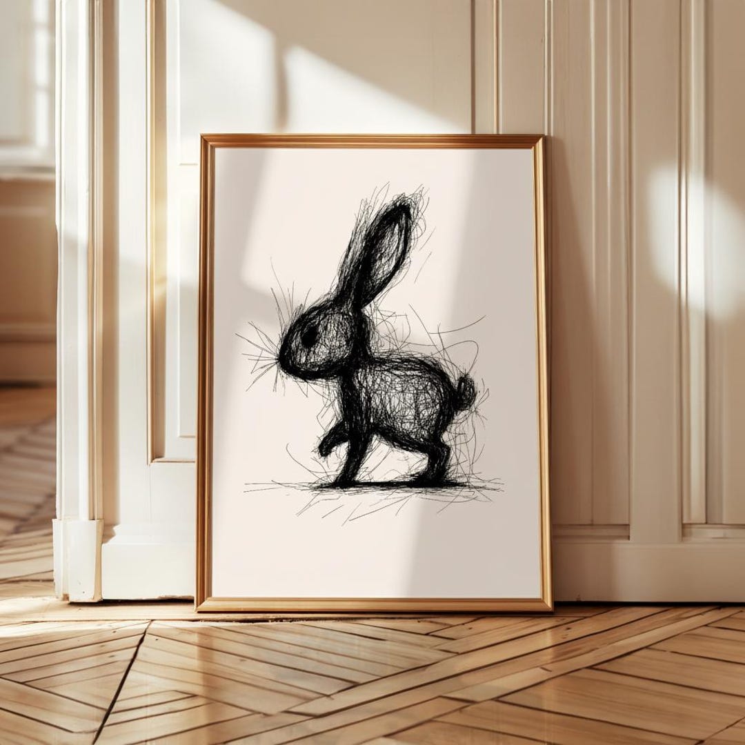 Rabbit Line Art Print, Expressive Scribble Bunny Sketch, Minimalist ...