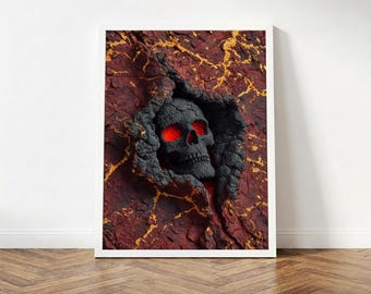 Skull Wall Art Print Trendy VIintage, Dark Lava Skull Print, Gothic Home Decor, 3D Volcanic Sculpture Digital Download, Red and Black Poster