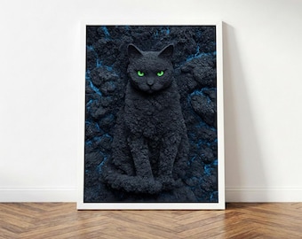 Black Cat Wall Art, Dark Fantasy Cat Print, Glowing Eyes Volcanic Sculpture, Gothic Home Decor, Digital Download, Mystical Cat Poster