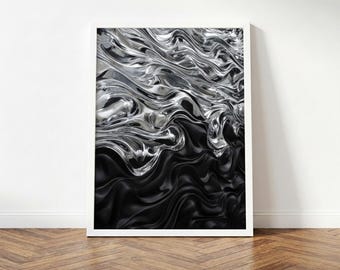 Silver Black Wall Art Print, Textured Abstract Digital Download, Dark Luxury Decor, 3D Wall Art Printable, Modern Bold Home Print
