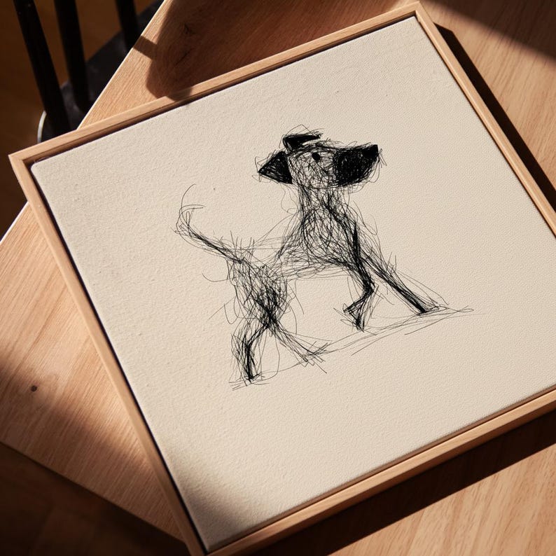 May include: A framed canvas art piece featuring a minimalist black line drawing of a dog. The artwork is set against a cream-colored background and encased in a natural wood frame. The dog is depicted in a playful pose.