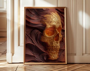 Gold Skull Wall Art Print, Textured Abstract, Dark Gothic Decor, 3D Wall Art Printable, Halloween Burgundy Print Digital Download