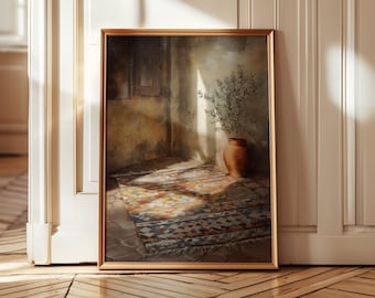 Moroccan Berber Rug & Olive Tree Print, Vintage Oil Painting, Rustic Mediterranean Wall Art, Boho Cottagecore (Digital Download)