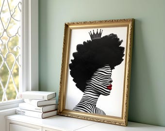 Black And White Queen Wall Art | Afro Crown Print | Black Woman Striped Art | Empowerment Gift for Her | Black Excellence Art Poster