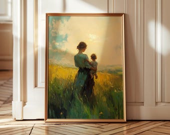 Vintage Mother and Child Painting Print Meadow Emotional Landscape Art Rustic Home Decor