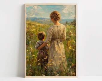 Impressionist Mother Son Wildflower Field Print, Pastoral Woman Child Art, Rustic Nursery Wall Art, Farmhouse Digital Download