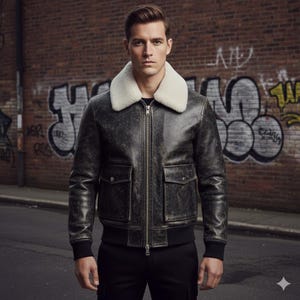 Puede incluir: Chaqueta bomber de cuero desgastado con cuello de borrego color crema. La chaqueta tiene cremallera, dos bolsillos delanteros y puños y dobladillo de canalé negros. Se usa con pantalones negros.