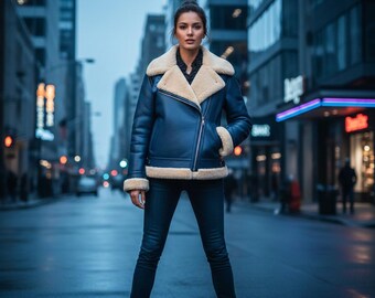 Navy Sheepskin Biker - Genuine Leather Aviator Coat Real Shearling Moto Outerwear