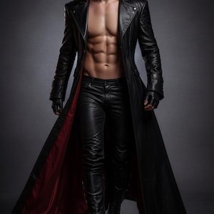 May include: A long black leather coat with a red lining and collar. The coat is paired with black leather pants and boots. The image is set against a gray background.