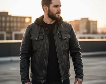 Men's Distressed Black Leather Motorcycle Jacket – Detachable Hood, Biker Style