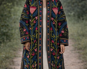 Suzani kimono largo de invierno de terciopelo hecho a mano, regalo de bata estilo boho para ella
