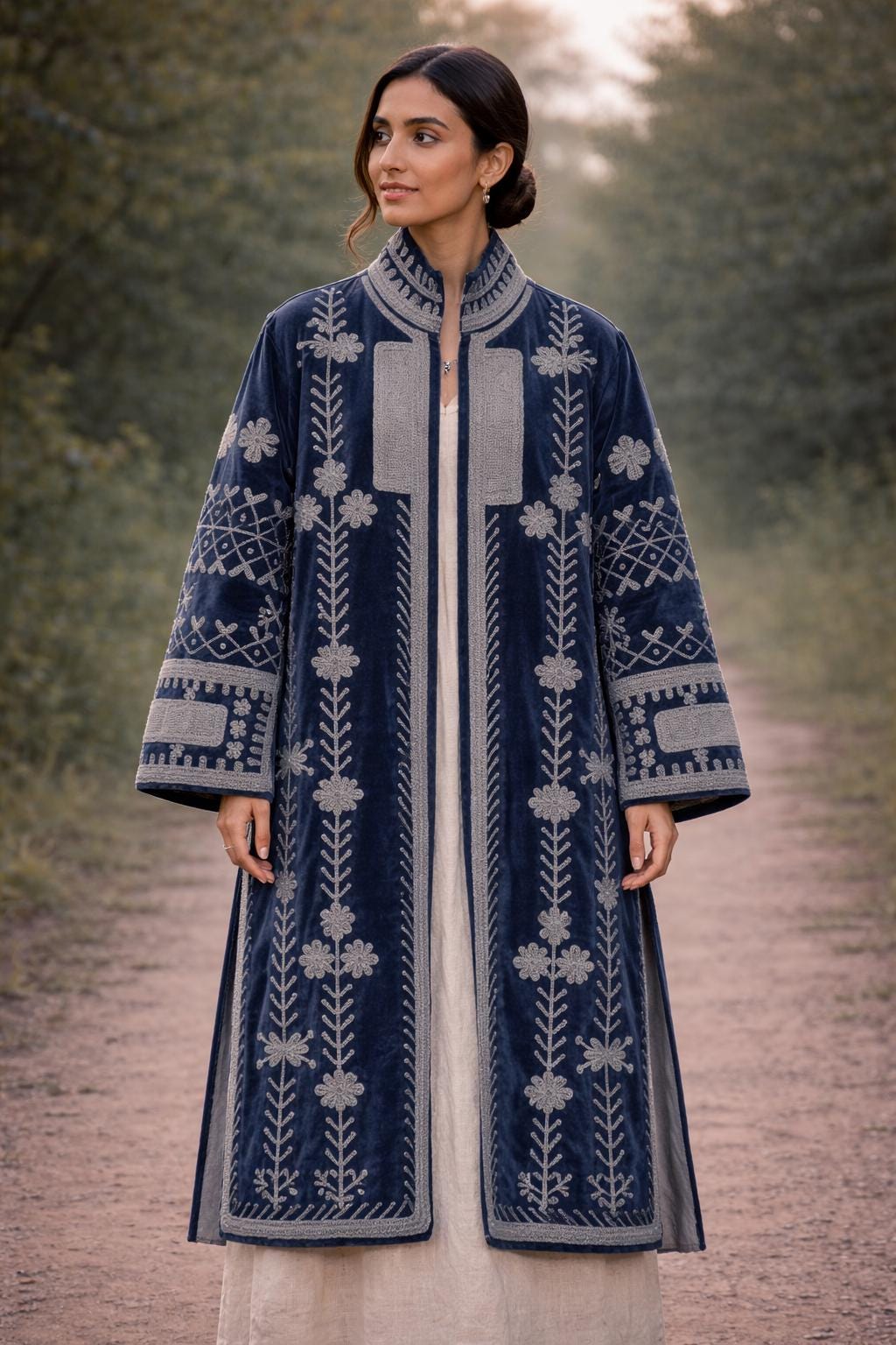 Suzani Vintage Embroidered Velvet Long Coat Ethnic Floral Long