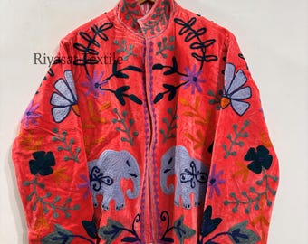 Hand Embroidered Suzani Velvet Jacket with Elephant Motif | Boho Ethnic Bohemian Coat
