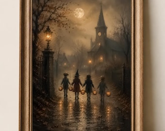 Vintage Halloween Wall Art | Trick or Treat Kids Printable | Spooky Moonlit Village | Gothic Halloween Decor | Haunted Church Print