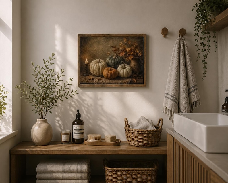 May include: A rectangular framed wall art print featuring a still life painting of white, green, and orange pumpkins, autumn leaves, and a lit candle. The artwork is displayed in a bathroom setting with a wooden shelf, wicker baskets, and towels.