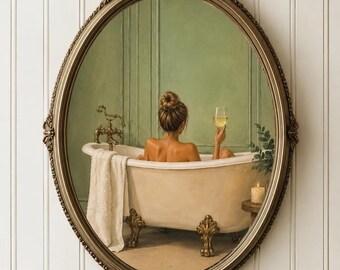 May include: An oval wall mirror with an ornate, antique gold-toned frame featuring intricate scrollwork at the top and bottom. The mirror reflects a scene of a person in a clawfoot bathtub holding a glass of white wine in a green-walled room.