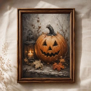 May include: A framed oil painting depicting a carved orange jack-o'-lantern pumpkin with a jagged face next to a dark metal lantern containing a lit candle. The scene includes scattered autumn leaves on a textured surface against a neutral background.