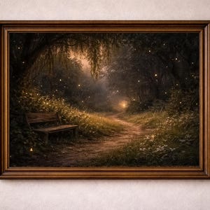 May include: A framed landscape painting depicts a path leading into a forest, with a bench on the left. The artwork features a warm color palette with a focus on the path and the light at the end. The frame is a dark brown color.