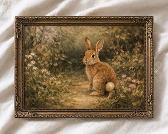 May include: A framed vintage print of a brown rabbit in a natural setting. The artwork features a detailed depiction of the rabbit amidst foliage and flowers, set within an ornate, gold-toned frame. The overall aesthetic is reminiscent of classic botanical illustrations.