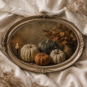 May include: An oval-shaped framed wall art piece featuring a still life painting of four pumpkins in shades of white, green, and orange, a lit candle in a dark holder, and a vase filled with autumn foliage against a textured, dark background.