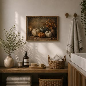 May include: A rectangular framed wall art print depicting a still life of pumpkins, a lit candle, and autumn leaves in muted tones. The artwork is displayed on a light-colored wall above a wooden vanity featuring a plant, soap, and baskets.