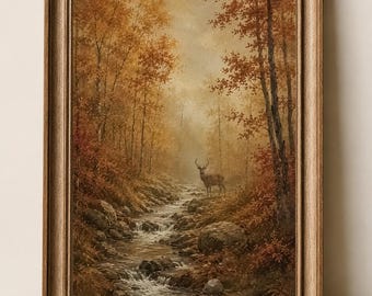 Könnte beinhalten: Ein gerahmtes Landschaftsgemälde, das einen Hirsch an einem felsigen Bach in einem Herbstwald zeigt. Die Szene umfasst hohe Bäume mit orangefarbenem und braunem Laub, sanftes Licht, das durch den Wald fällt, und einen fließenden Bach.