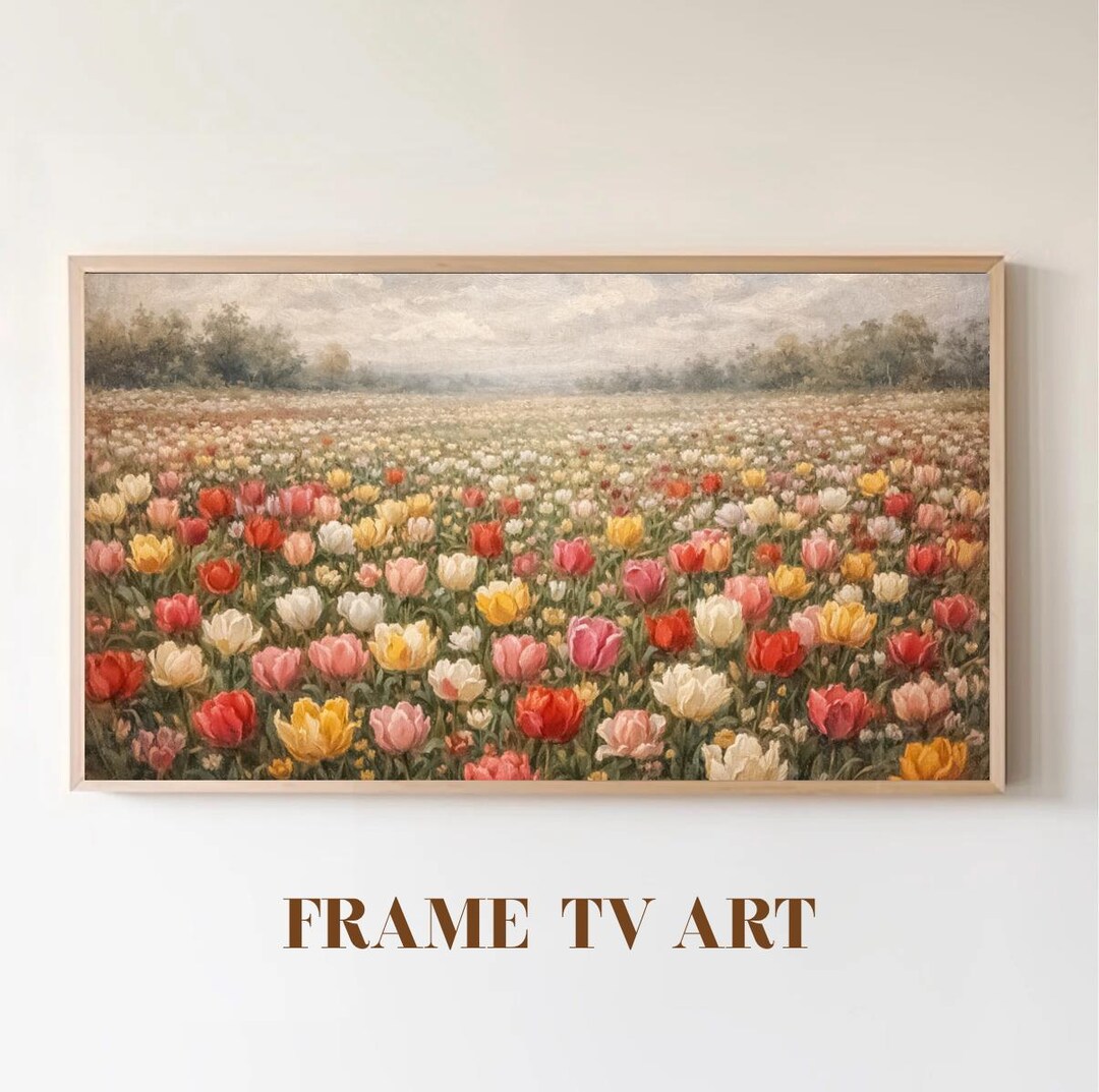 Vintage Tulip Field Wall Art, Spring Floral Landscape 4K, Antique Oil ...