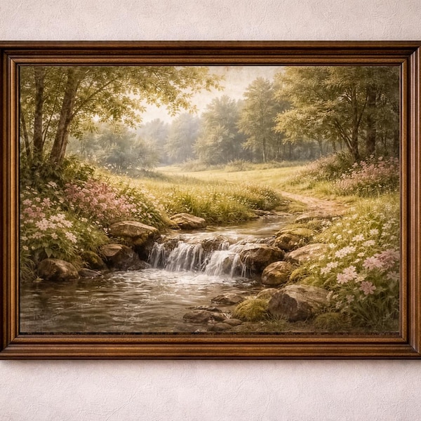 Vintage Spring Landscape Print, Cottagecore Meadow Stream Art, Pastel Floral Nature Wall Art, Rustic Country Decor, Printable Wall Art