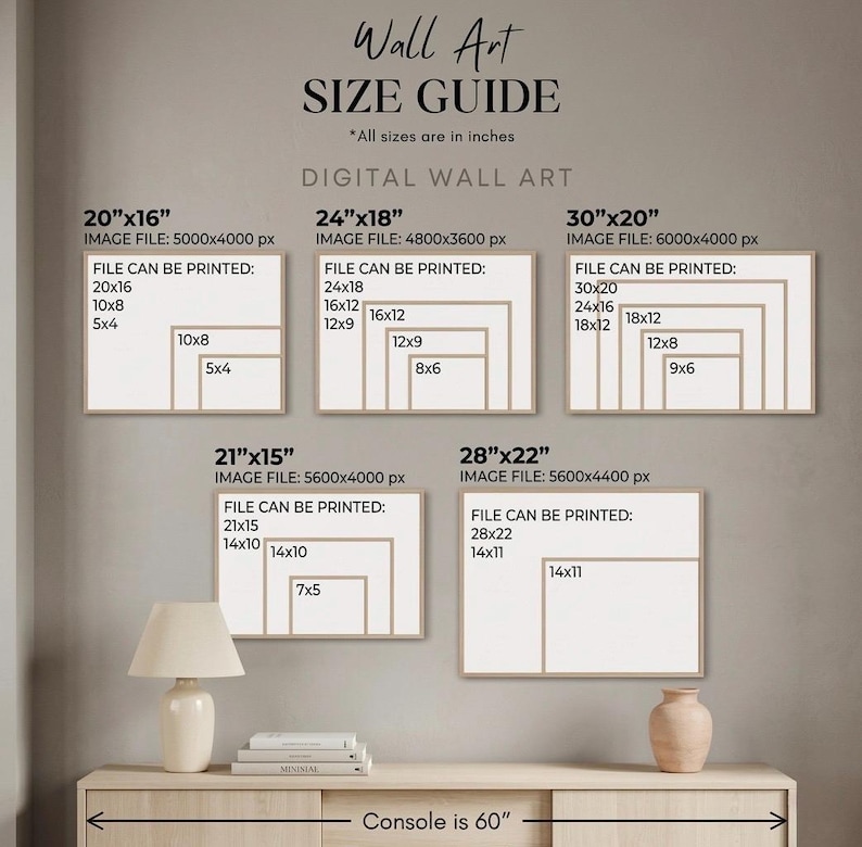 May include: A wall art size guide chart displaying five rectangular frames with various printable dimensions in inches. The text includes Wall Art Size Guide, Digital Wall Art, file resolutions, and a console table labeled as 60 inches wide.