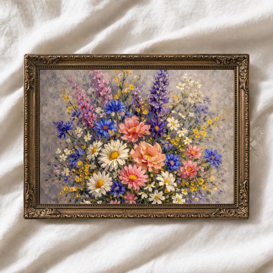 Vintage Wildflower Bouquet Art Print, Spring Floral Oil Painting ...