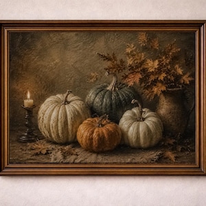 May include: A framed oil painting depicting a still life scene with three pumpkins in shades of white, green, and orange, a lit candle in a dark metal holder, and a ceramic pitcher filled with dried autumn leaves, all set against a dark background.