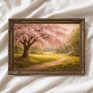May include: A framed landscape painting depicts a blossoming cherry tree with pink flowers. A winding path leads through a meadow of wildflowers. The artwork is set in a decorative, ornate, bronze-colored frame.