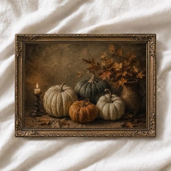 Vintage Pumpkin Still Life Printable Wall Art, Moody Autumn Harvest Decor, Rustic Farmhouse Fall Print, Cottagecore Kitchen Art, Halloween